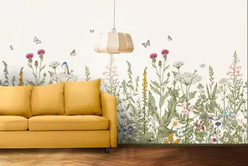 Весенние цветы Обои | Цветочные самоклеящиеся фотообои панно Peel and Stick | Съемные обои | Разноцветные бабочки Дизайн W